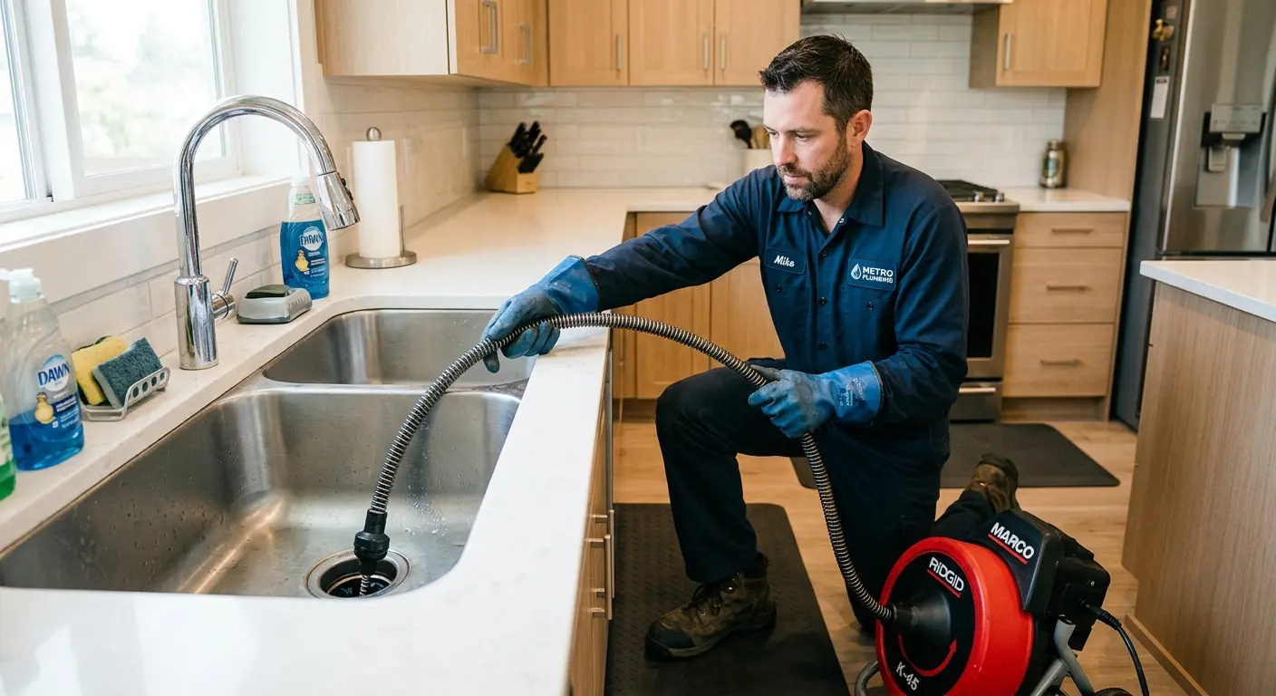 Drain cleaning technician using a motorized snake on a kitchen sink in Brookline