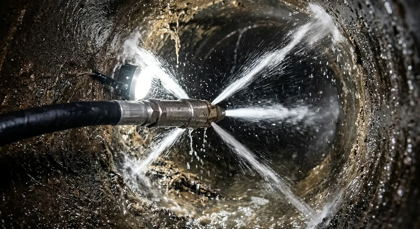 High-pressure hydro jetting nozzle cleaning sewer pipe for Storm Drain Cleaning in Brookline