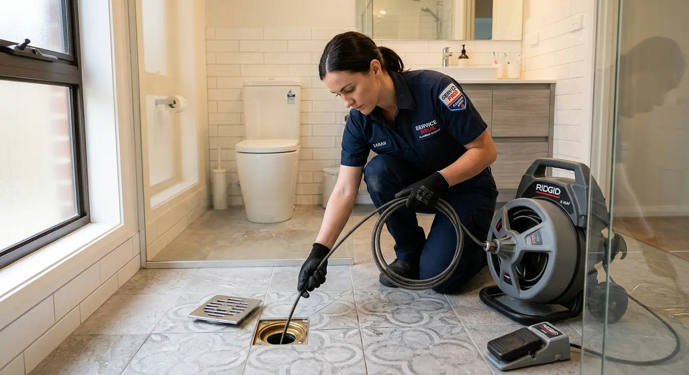 Technician clearing a bathroom floor drain for Hydro Jetting in Brookline